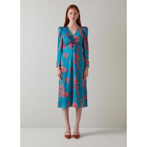 L.K. Bennett Celeste Teal Blue Floral Satin Dress